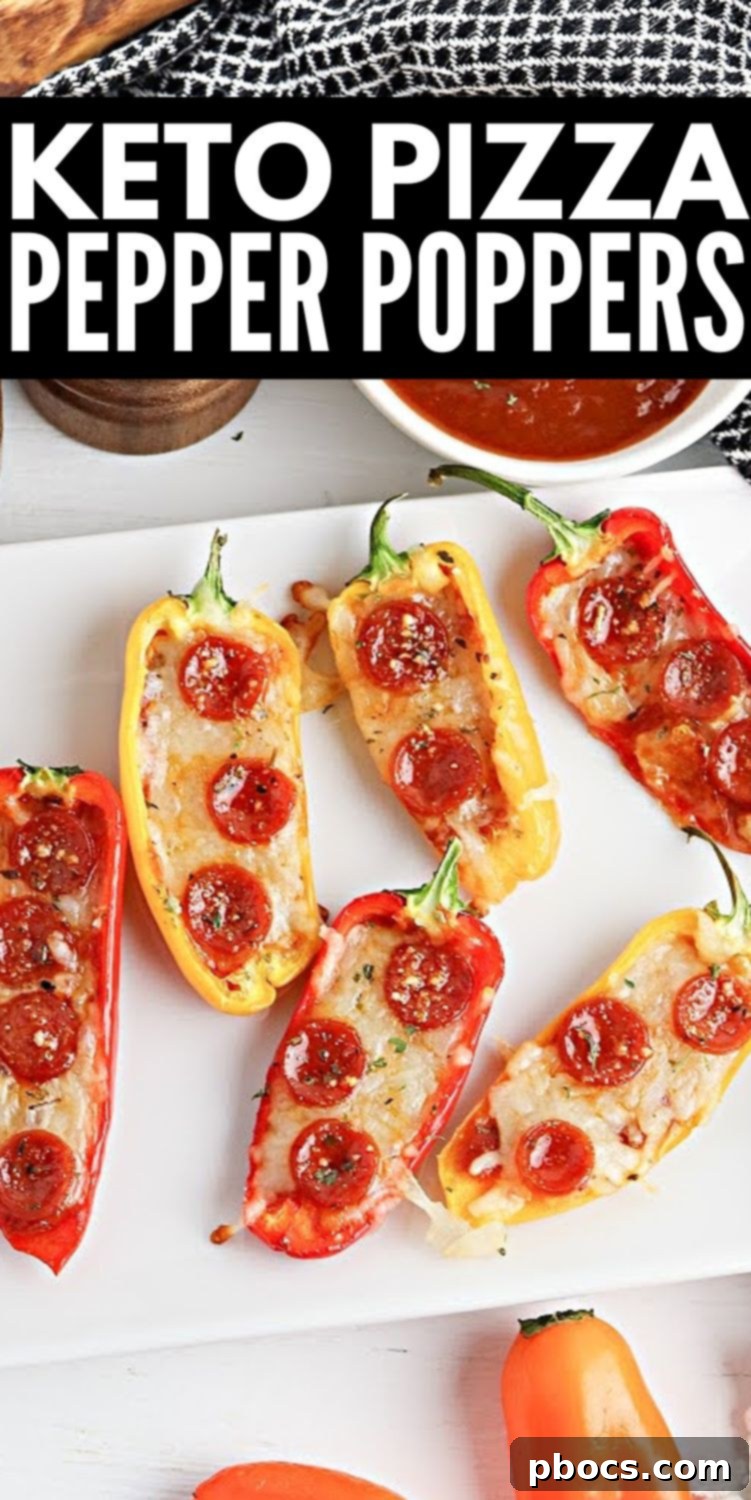 Vertical image of Low-Carb Pizza Pepper Poppers on a wooden board, perfect for Pinterest sharing