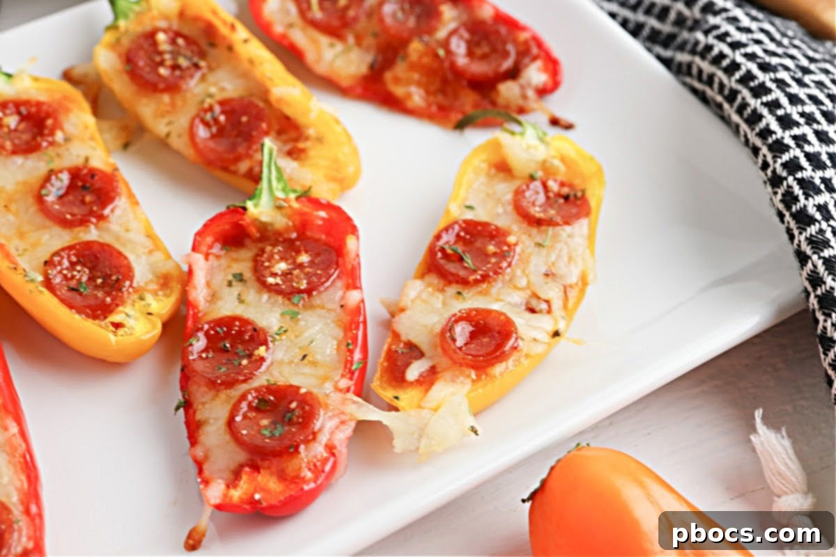 A platter of cooked Low-Carb Pizza Pepper Poppers, perfect for serving