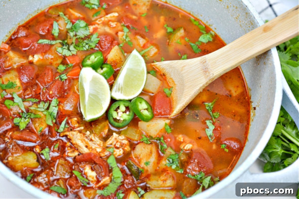 Stirring shredded chicken into the Caldo De Pollo