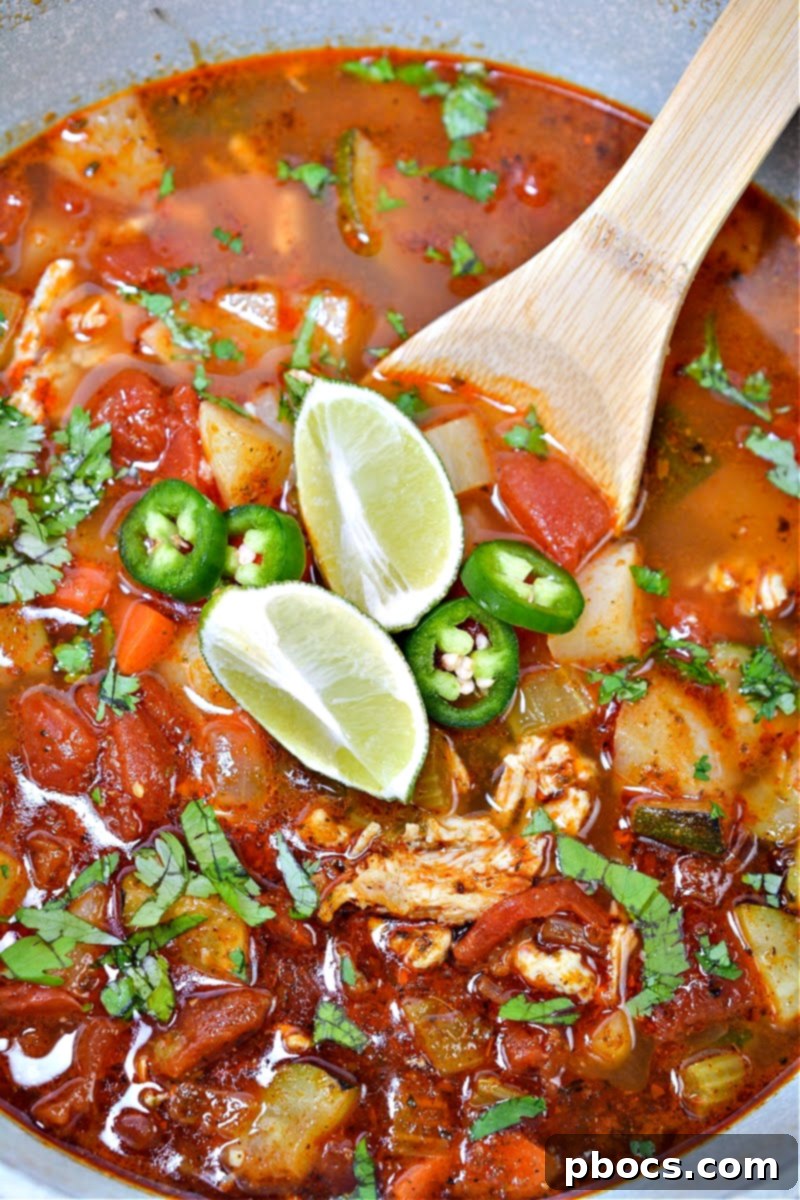Various chunky vegetables and chicken simmering for Caldo De Pollo