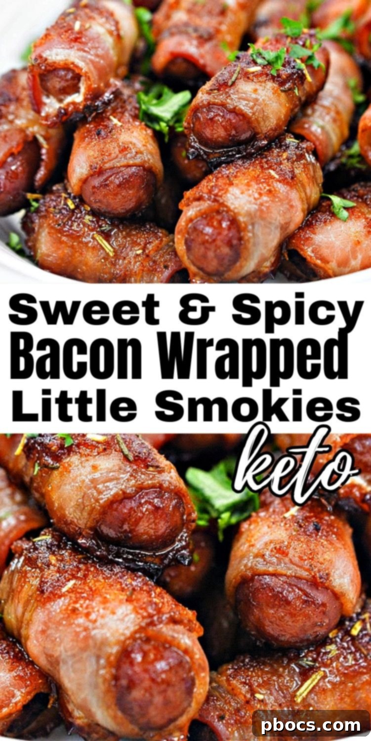 Keto Sweet and Spicy Bacon Wrapped Little Smokies - Vertical image for Pinterest