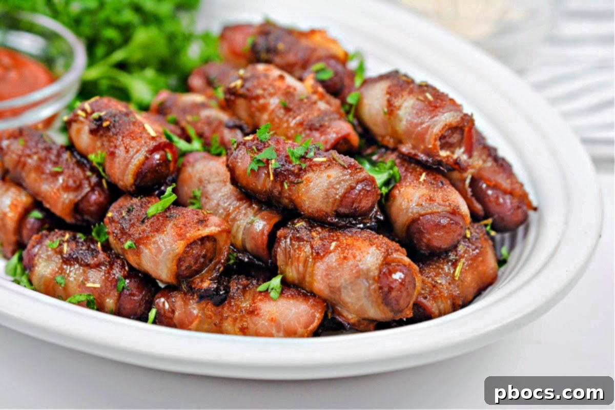 Keto Sweet and Spicy Bacon Wrapped Little Smokies on a serving tray