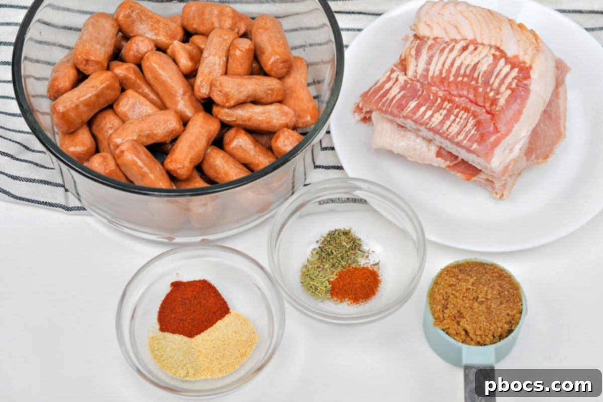 Raw bacon-wrapped little smokies arranged on a baking sheet