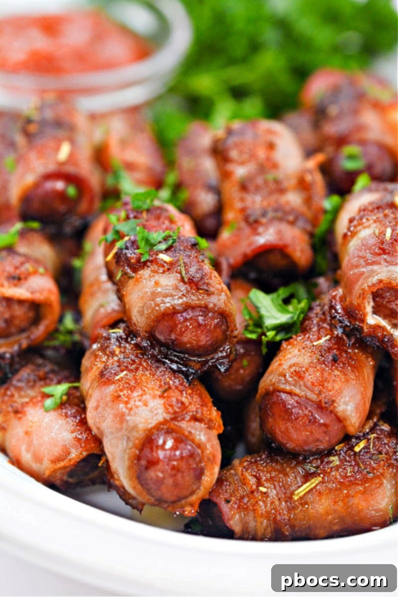 Keto Sweet and Spicy Bacon Wrapped Little Smokies piled high on a plate