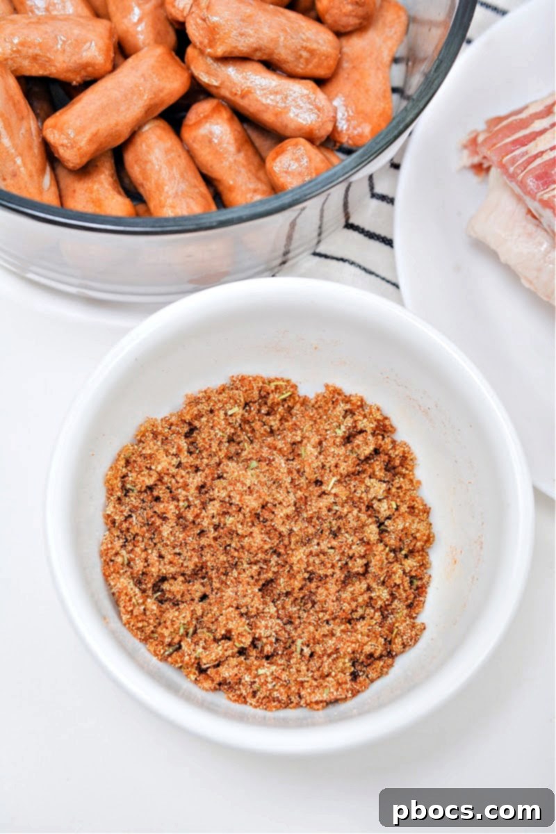 Wrapped bacon and little smokies placed seam-side down on parchment paper