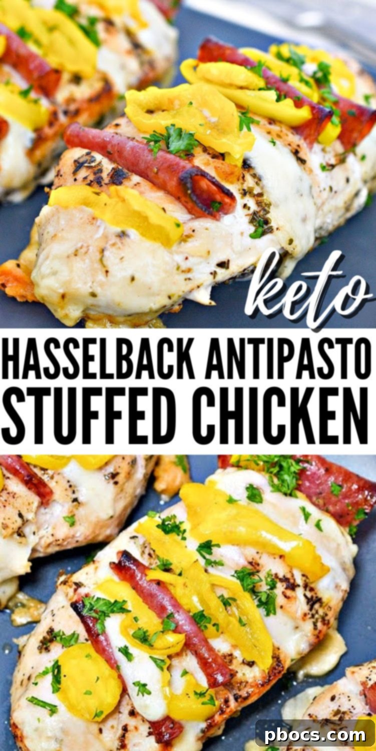 Antipasto-Loaded Keto Hasselback Chicken 15 Pinterest graphic for Keto Hasselback Antipasto Stuffed Chicken