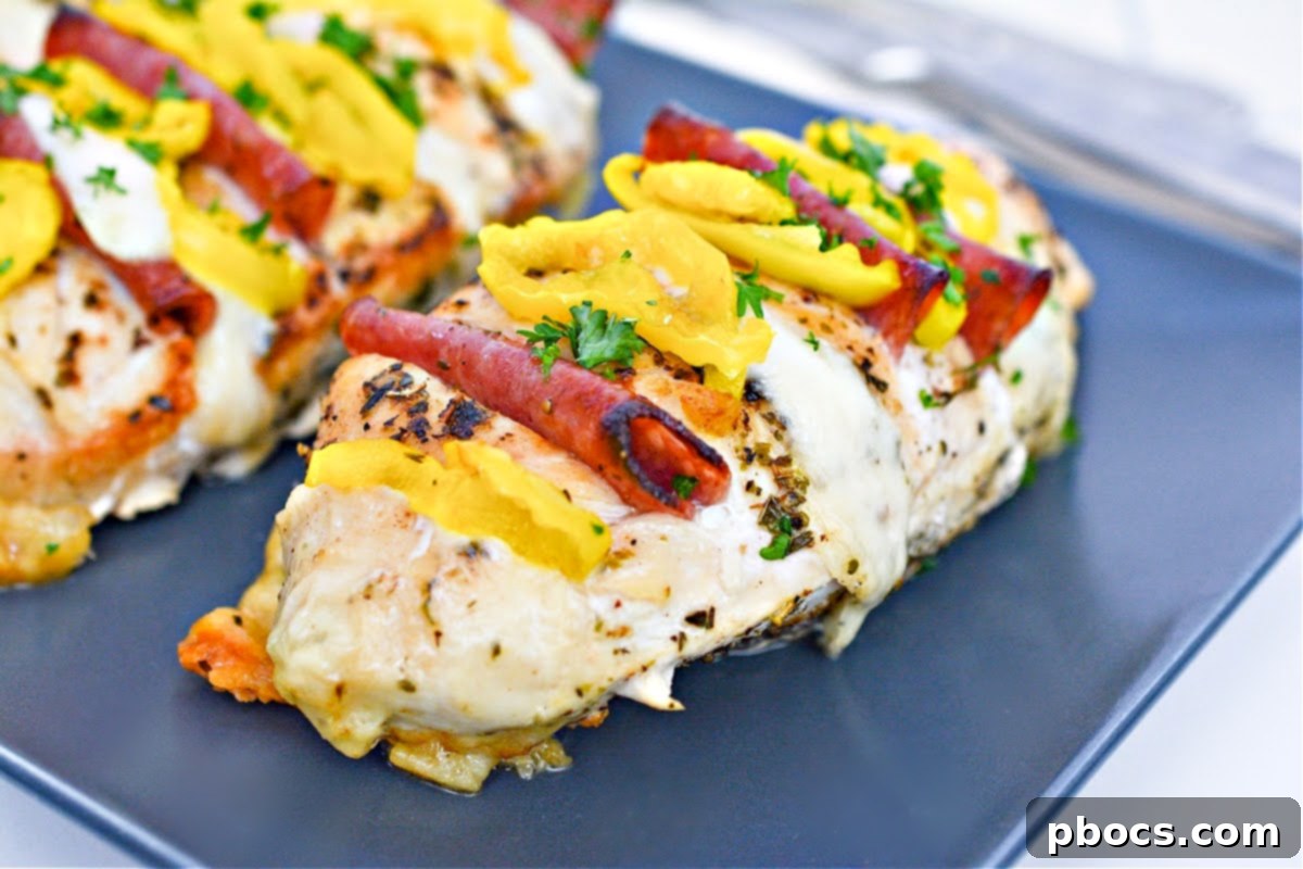 Antipasto-Loaded Keto Hasselback Chicken 3 Closeup of Keto Hasselback Antipasto Stuffed Chicken before baking