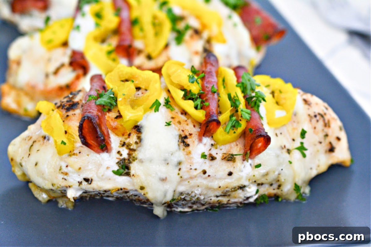 Antipasto-Loaded Keto Hasselback Chicken 8 Two servings of Keto Hasselback Antipasto Stuffed Chicken