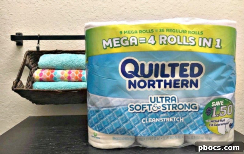 Baskets filled with hand towels and Quilted Northern