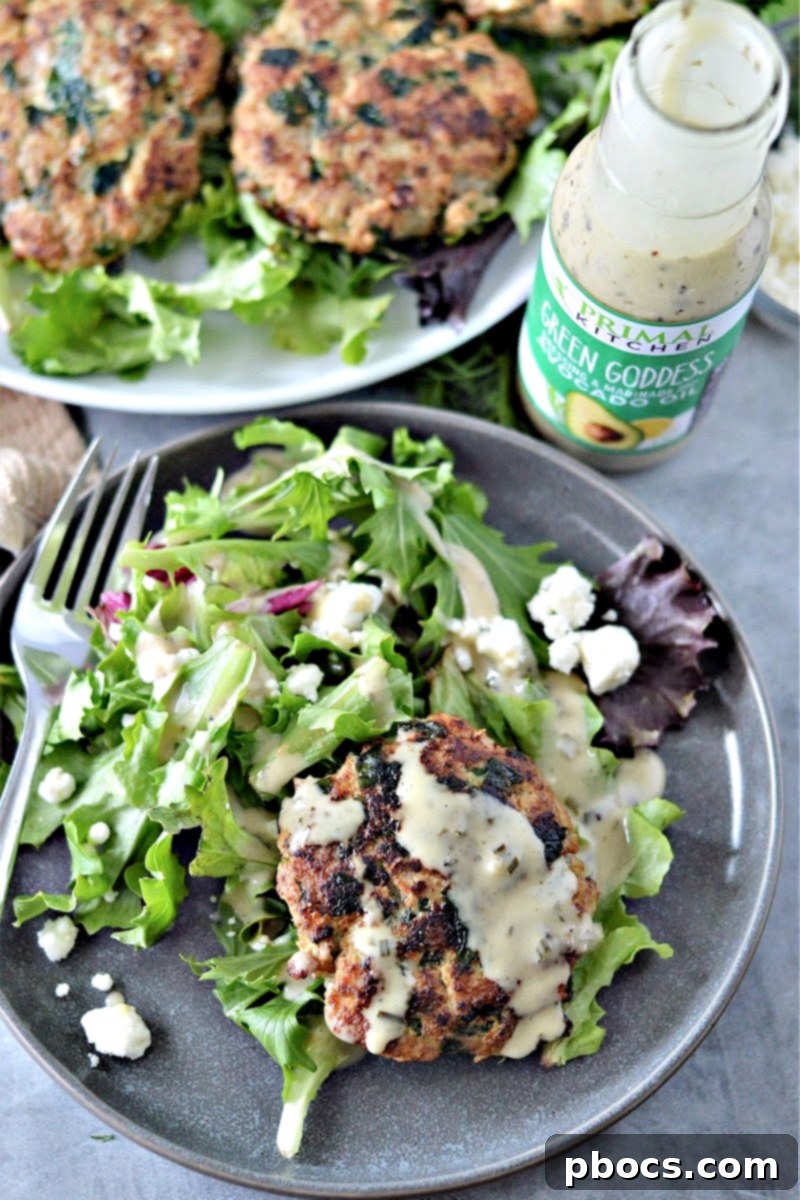 Keto Spinach Feta Turkey Burgers served with Green Goddess dressing