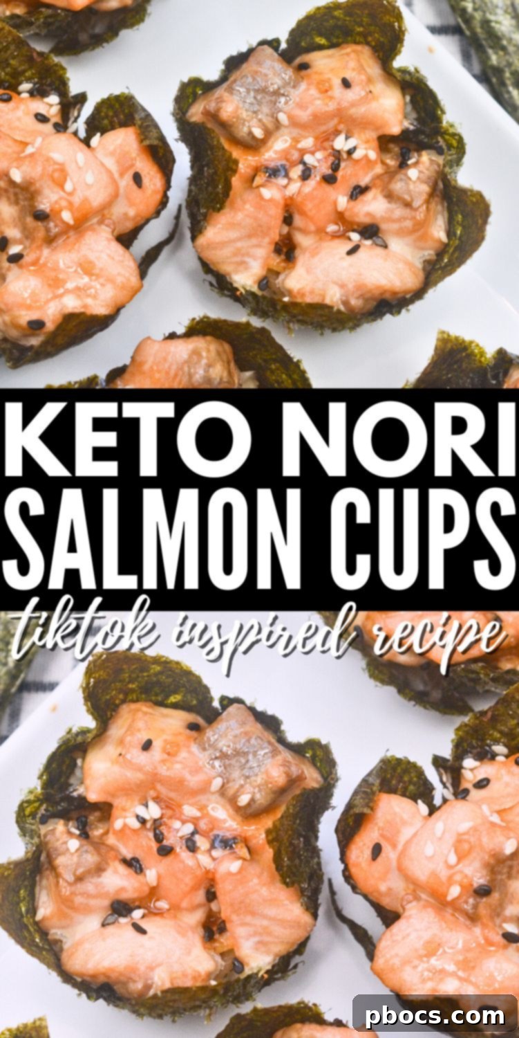 Keto TikTok Salmon Sushi Nori Cups - Pinterest pin image with relevant hashtags