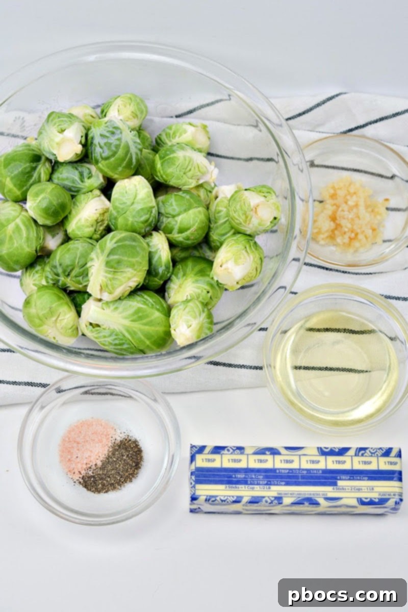 A collage of ingredients including fresh Brussels sprouts, butter, olive oil, garlic, and bacon bits for the keto recipe.