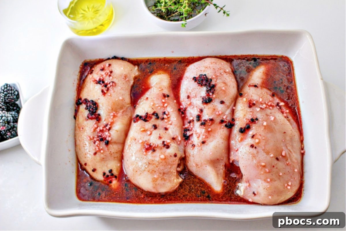 Seasoned raw chicken breasts in a white casserole dish