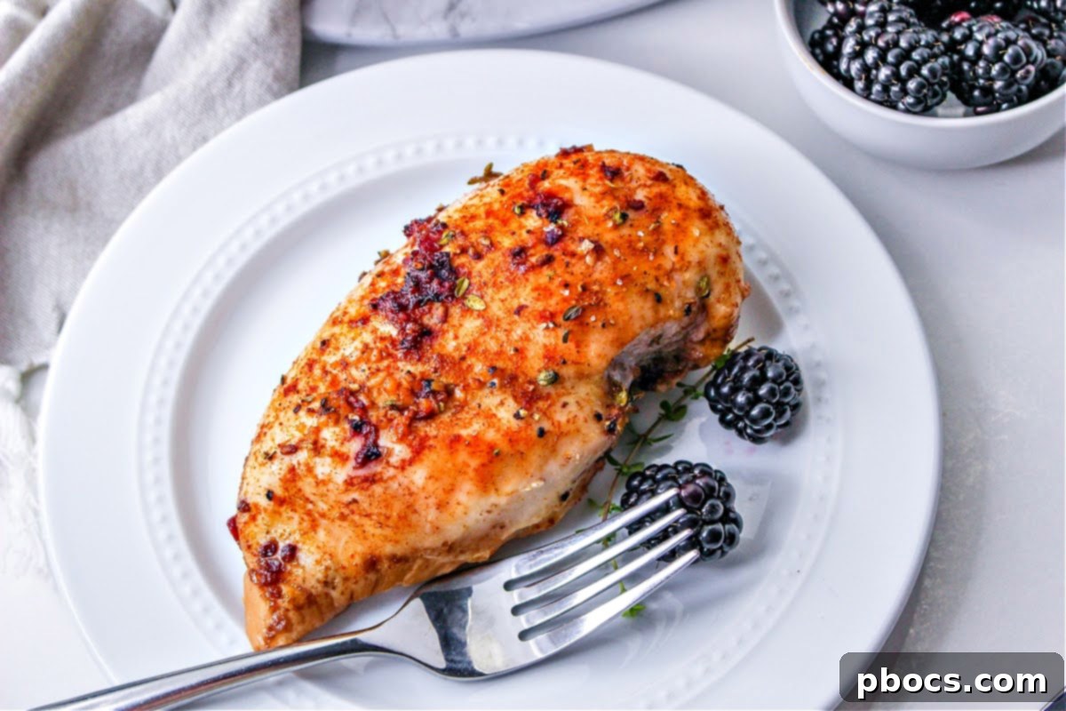 A blackberry chicken breast on a white plate with a fork and two blackberries
