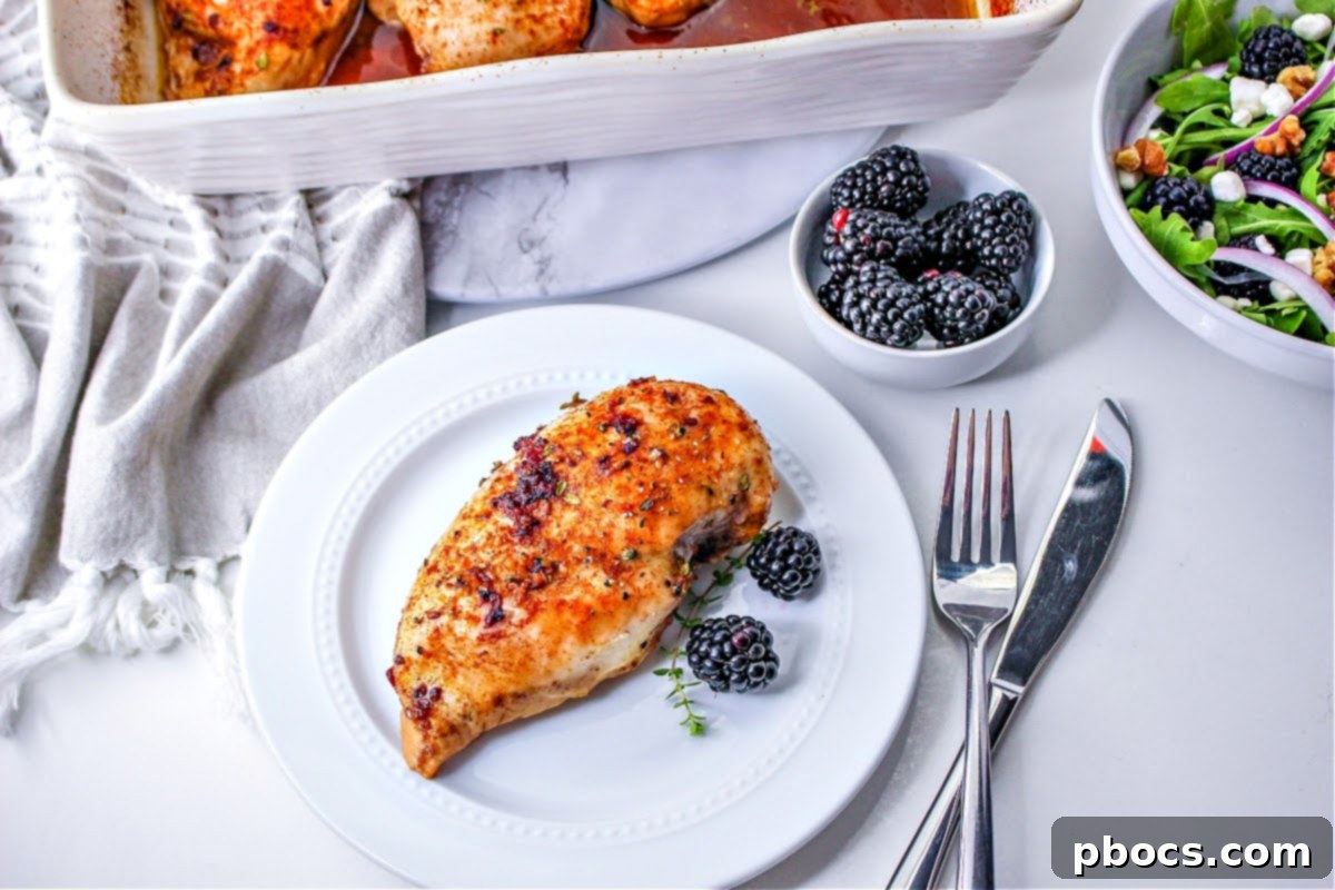 A serving of keto blackberry chicken with a bowl of blackberries and a blackberry arugula salad