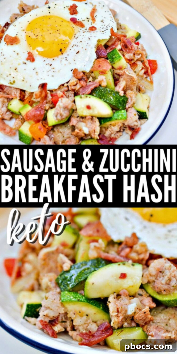 Keto Sausage Zucchini Breakfast Skillet 12 Pinterest graphic: Keto Sausage and Zucchini Breakfast Hash, a low-carb, high-protein, and quick meal idea for healthy eating.