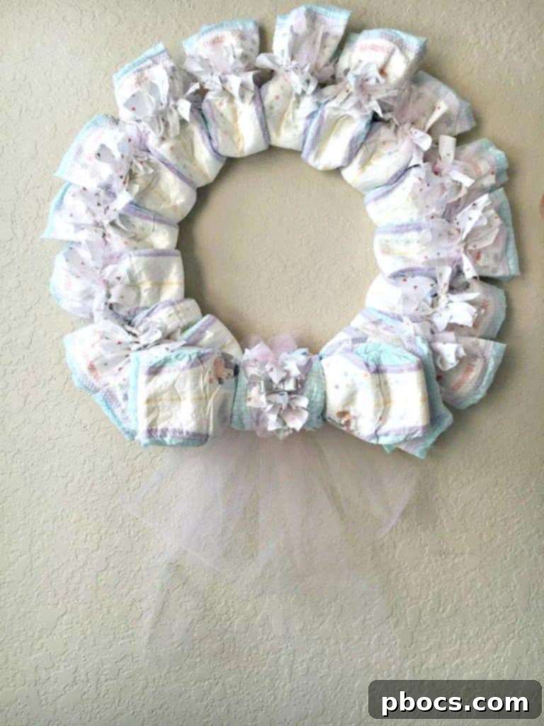 Completed DIY Diaper Wreath, Ready to Gift
