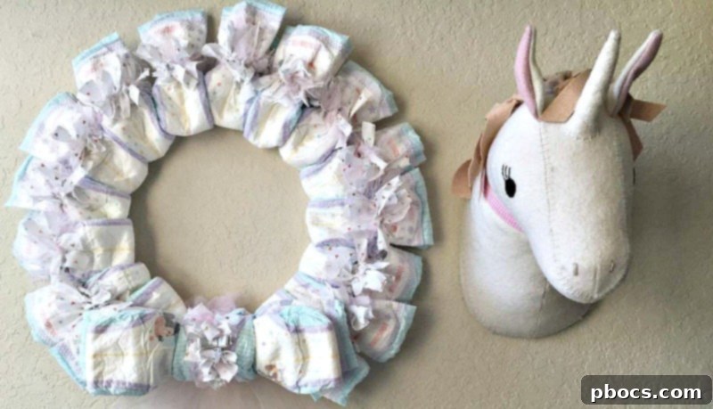 Close-up of a Beautiful Handmade Diaper Wreath for Baby Shower