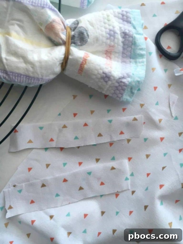 Cutting Fabric and Tulle Ribbon Strips for Diaper Wreath Decor