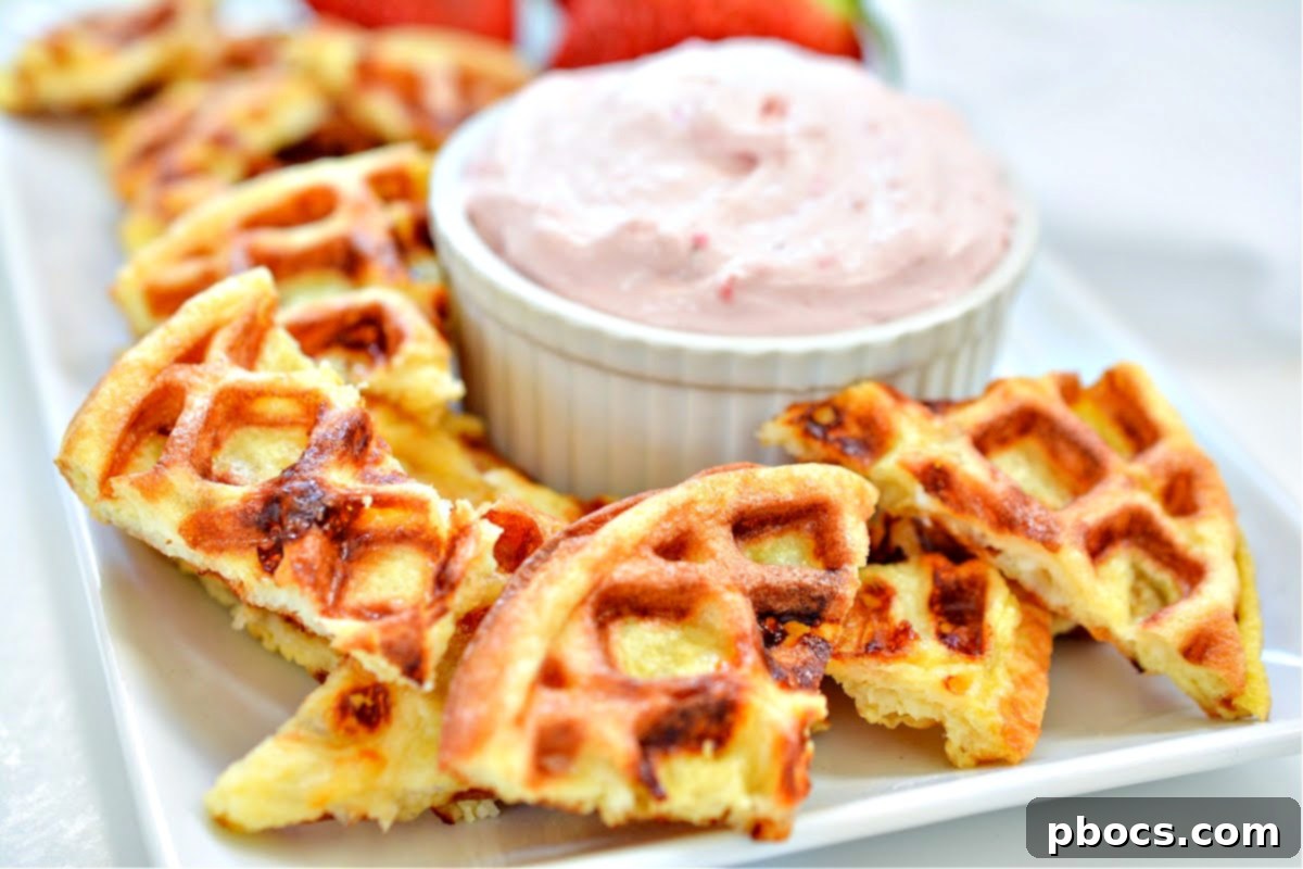 Strawberry Shortcake Chaffle Dippers with Keto Cream Dream 7 Chaffle Chips on a serving platter with a bowl of strawberry dip