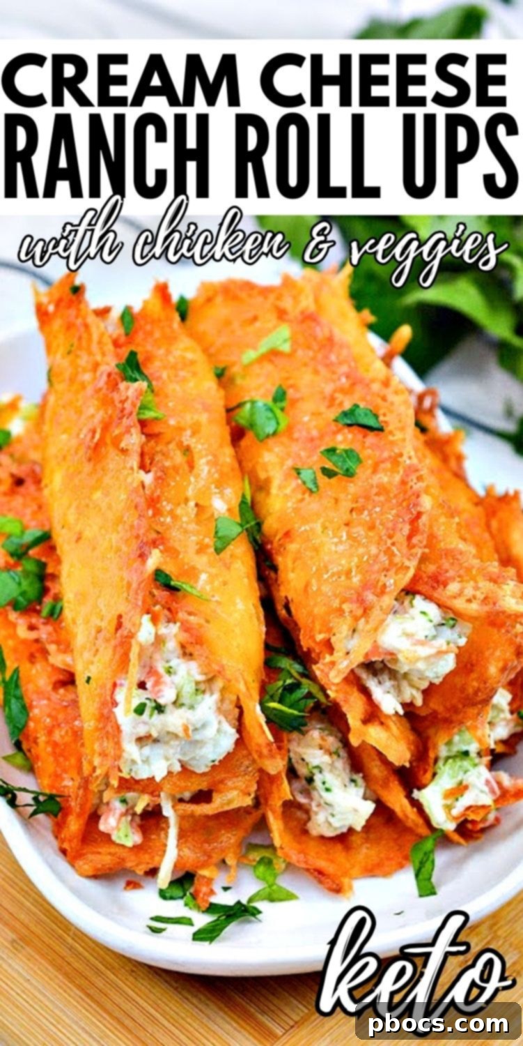 A visually appealing Pinterest-friendly image of Keto Ranch Cream Cheese Chicken and Veggies Roll Ups with text overlay.