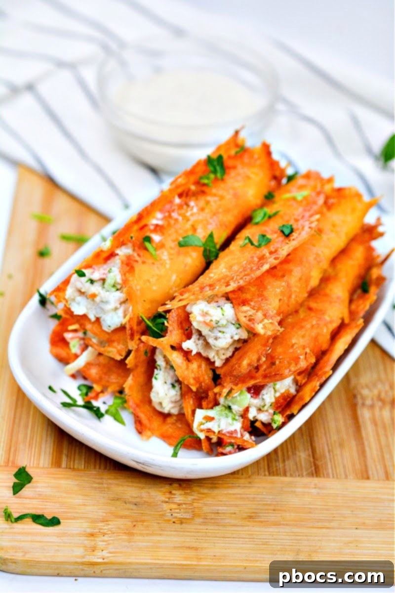 Five perfectly rolled keto chicken cream cheese roll ups, showing the crisp cheese exterior and savory filling.