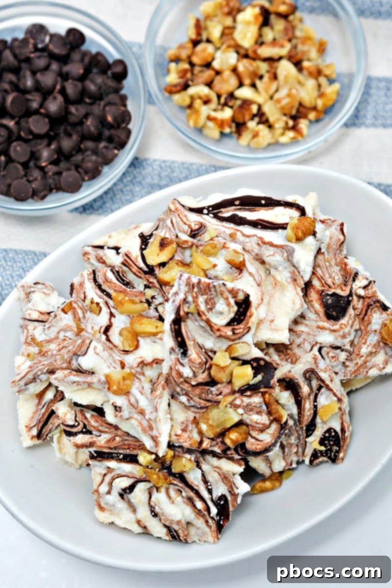 Keto Cottage Cheese Freezer Bark 3 Close-up view of Keto Frozen Cottage Cheese Bark with chocolate swirls