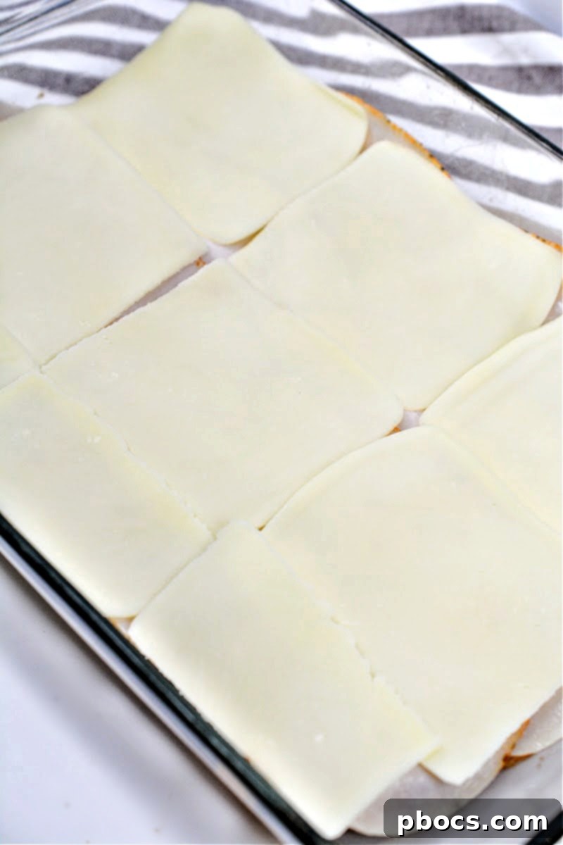 Placing slices of mozzarella cheese over the turkey layer in a baking dish