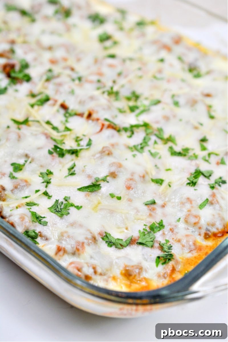 A baked casserole dish of Keto Protein Lasagna ready to serve