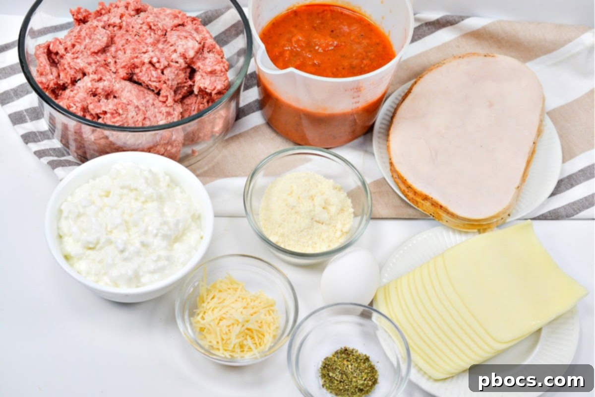 Ingredients for Keto Protein Lasagna laid out on a table