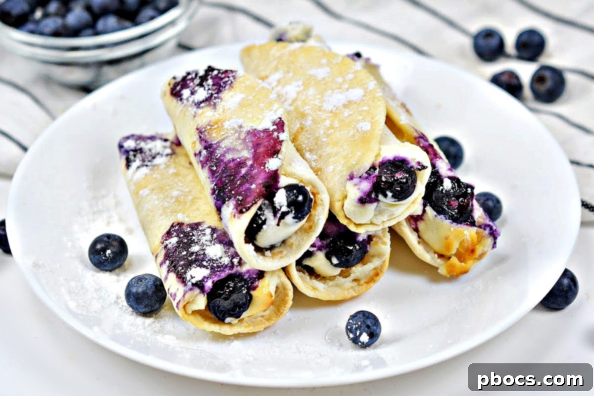 Finished Crispy Keto Blueberry Cream Cheese Roll-Ups served on a round white plate