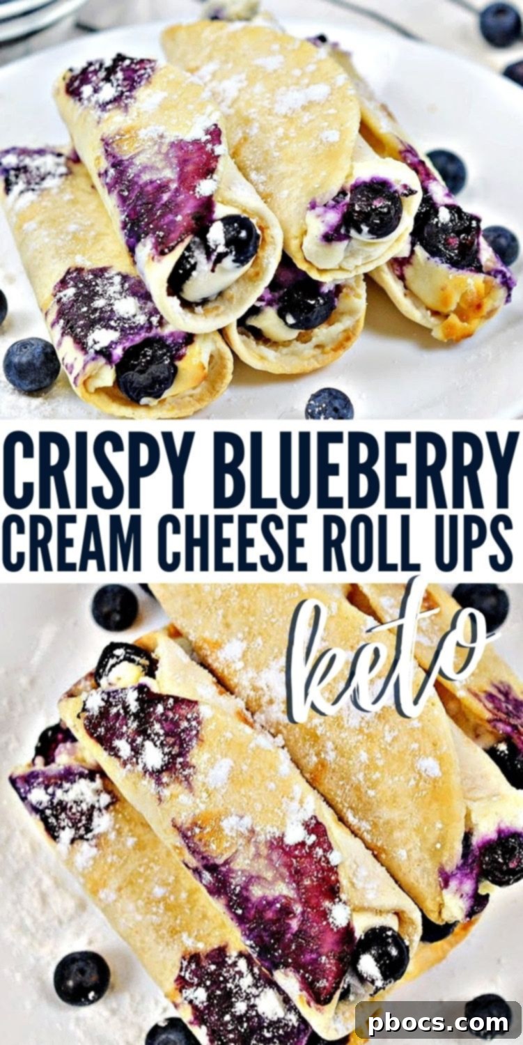 Crispy Keto Blueberry Cream Cheese Roll-Ups on a Pinterest-friendly vertical image