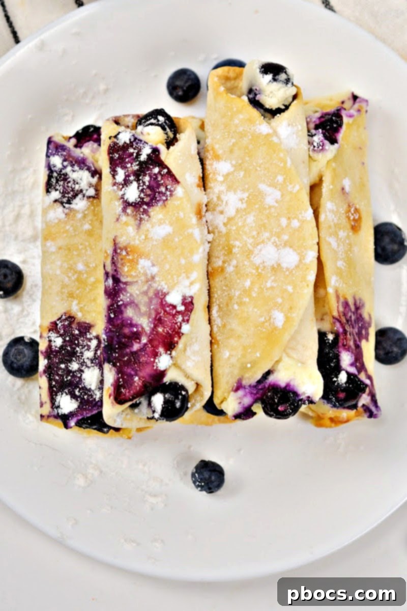 Crispy Keto Blueberry Cream Cheese Roll-Ups served on a white plate, close-up