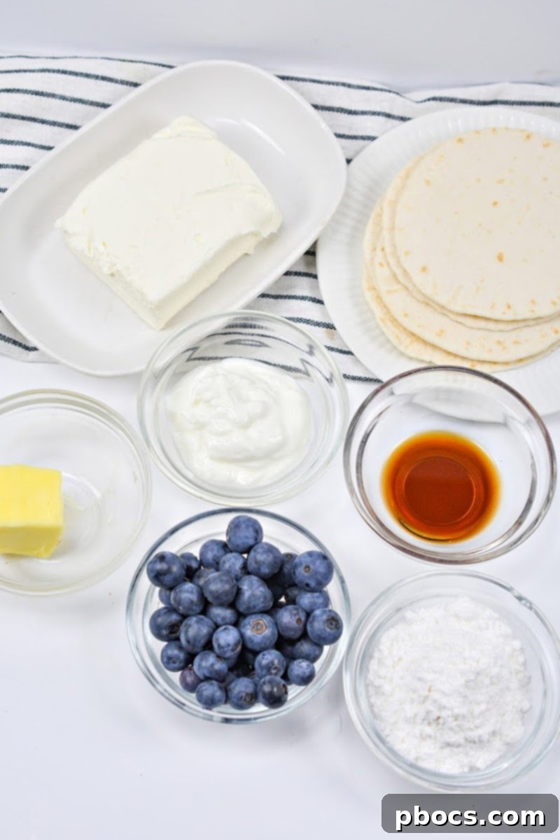 All ingredients laid out for Crispy Keto Blueberry Cream Cheese Roll-Ups