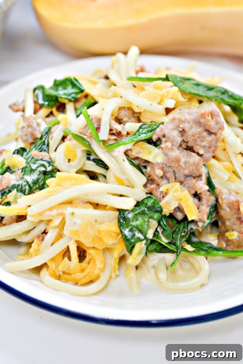 Low-Carb Butternut Squash Palmini Noodles With Sausage - A colorful and hearty dinner