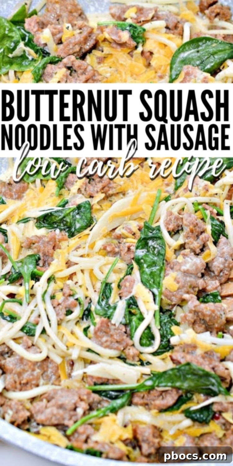 Final plated dish of Low-Carb Butternut Squash Palmini Noodles With Sausage, perfect for pinning.