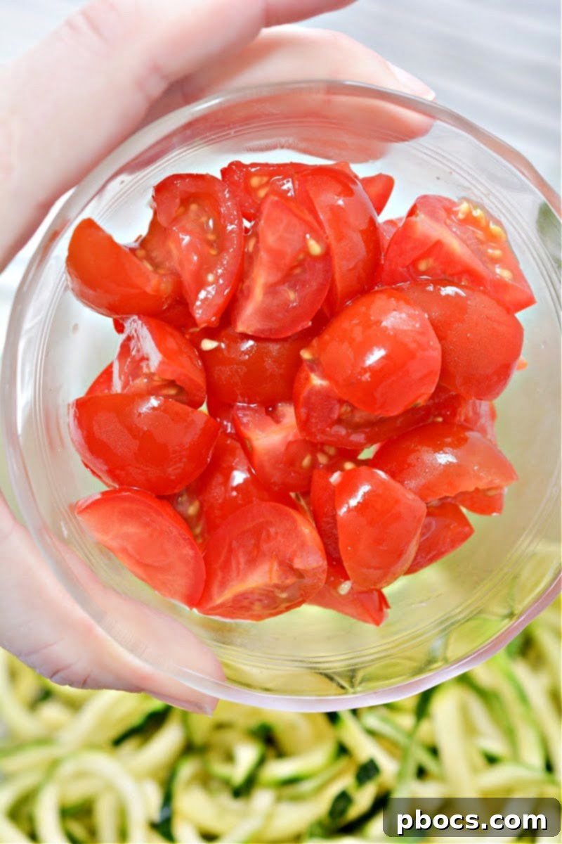 Keto BLT Zoodle Power Bowl 5 Chopped Cherry Tomatoes for Fresh Salad