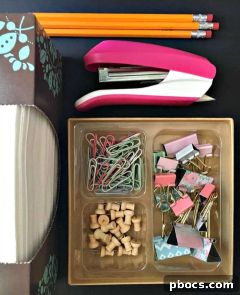 Creative Back To School Desk Organizer 11 Completed DIY pen and pencil holder with school supplies and Puffs tissues