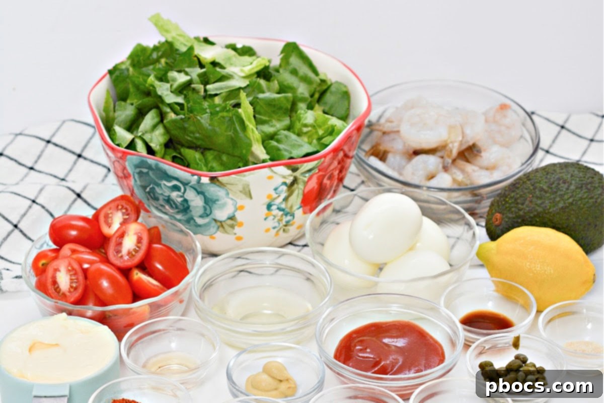 Ingredients for Low-Carb Shrimp Louie Salad: Shrimp, vegetables, and dressing components.