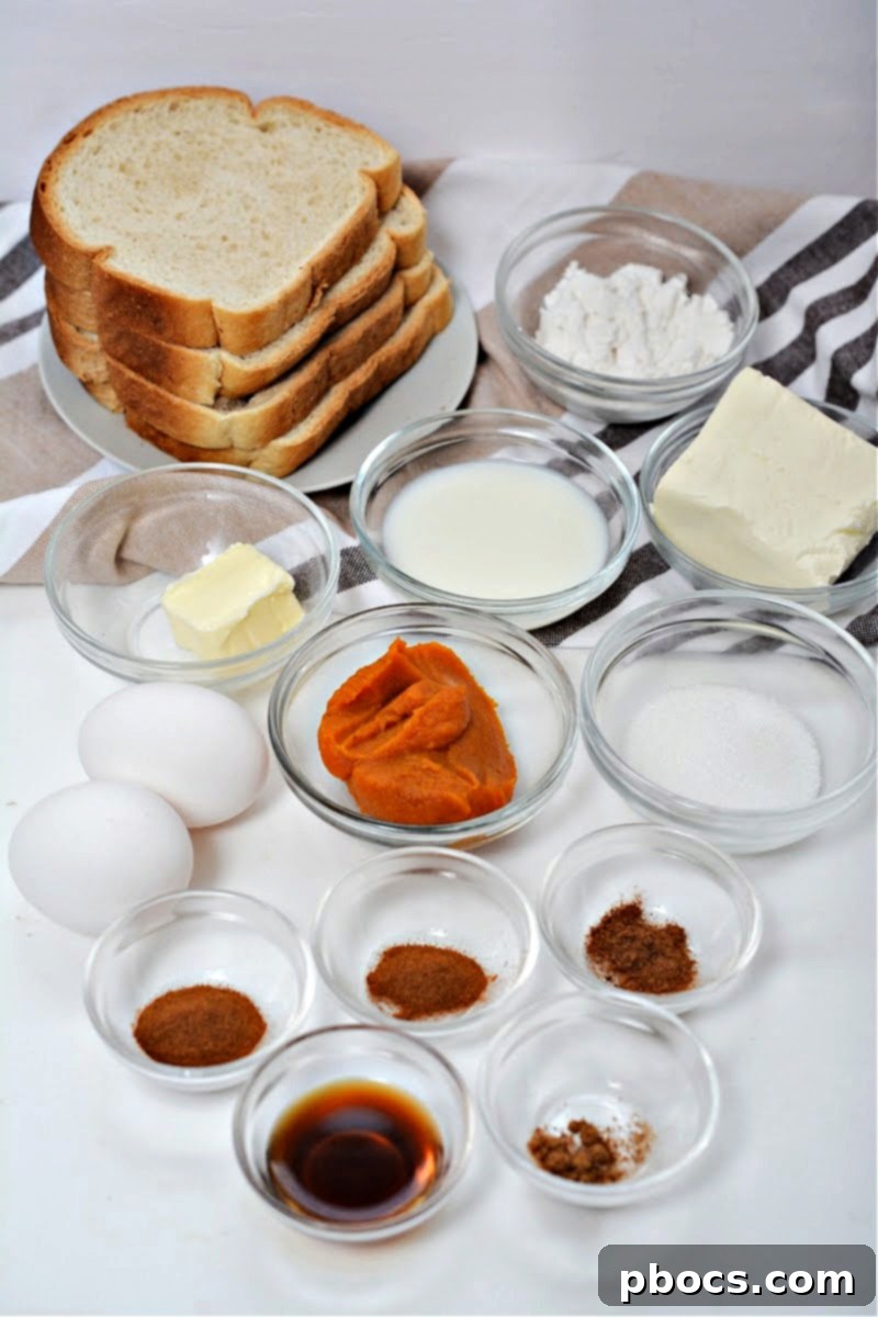 Ingredients for Low-Carb Pumpkin French Toast Roll Ups including keto bread, eggs, and pumpkin puree