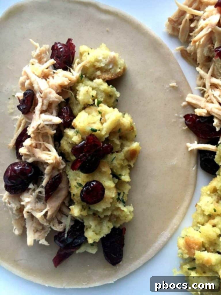 Turkey Stuffing Cranberry Empanadas 3 Filling empanada discs with turkey, stuffing, and Craisins