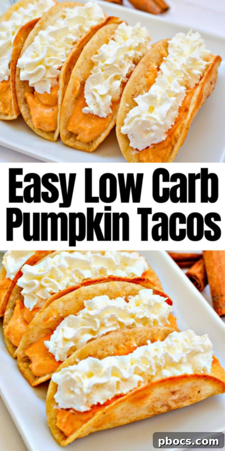Vibrant Pinterest pin image for Low Carb Pumpkin Pie Tacos.