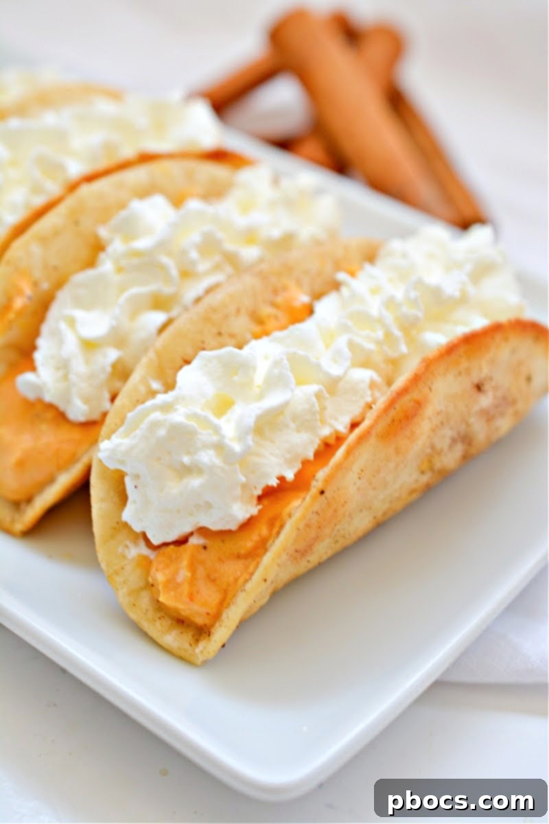 A close-up of a beautifully assembled Keto Pumpkin Pie Taco topped with whipped cream.