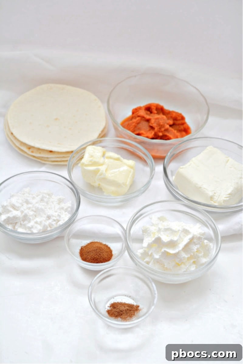 All the ingredients for Keto Pumpkin Pie Tacos laid out on a white surface.
