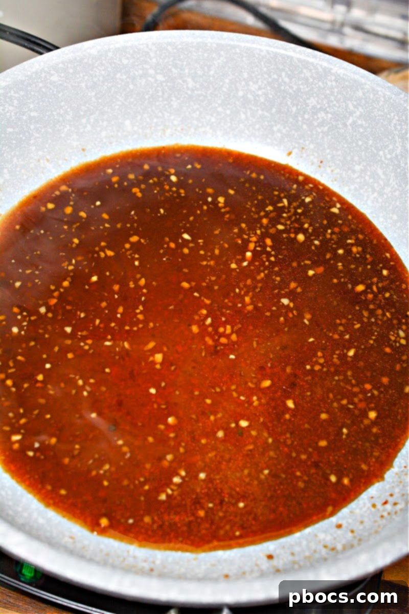 Spicy General Tso sauce in a skillet