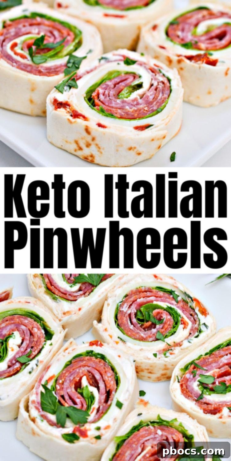 Keto Italian Swirls 16 A visually appealing image of Keto Italian Pinwheels with a call to action for Pinterest sharing.