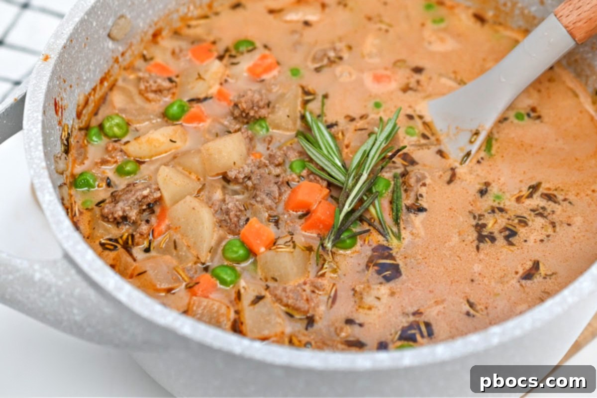 Serving the finished Low-Carb Shepherd's Pie Soup in a bowl