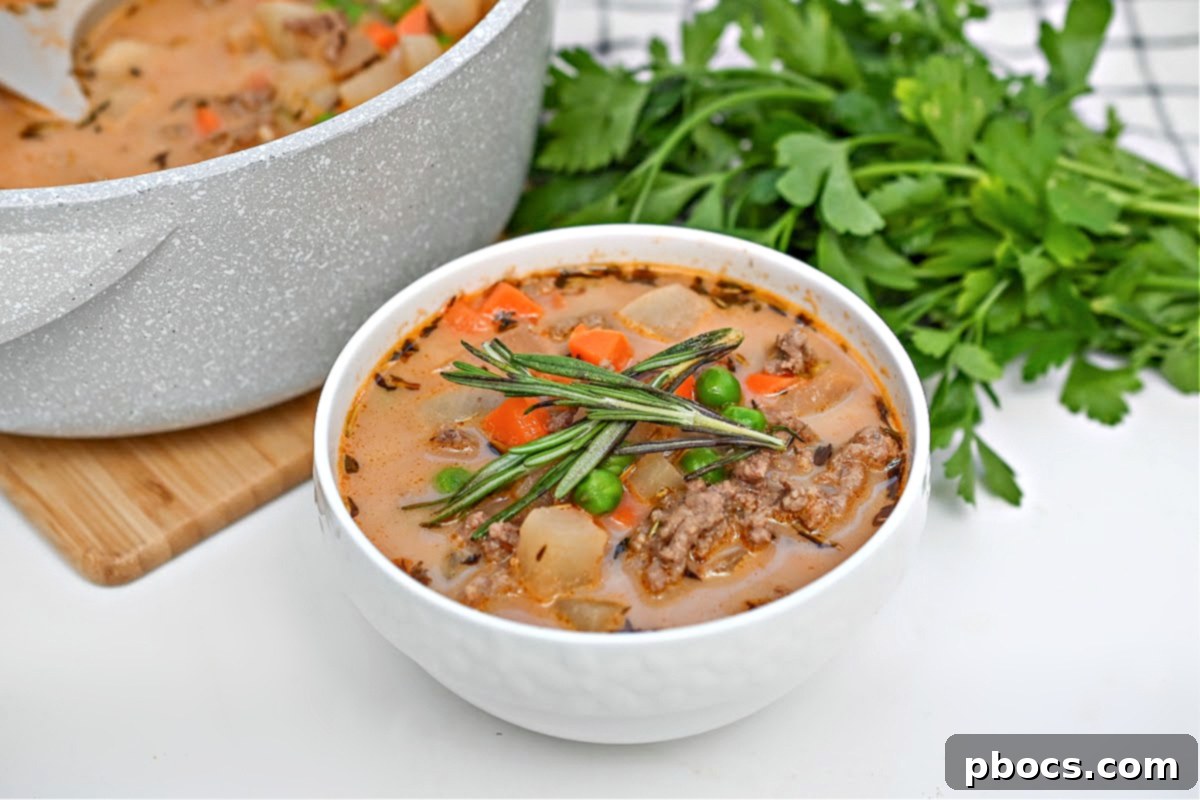 Close-up of Low-Carb Shepherd's Pie Soup with rich broth and vegetables