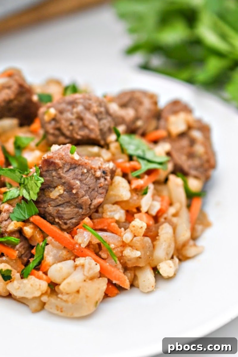 Delicious Low-Carb Beef Cauliflower Rice Pilaf served in a bowl