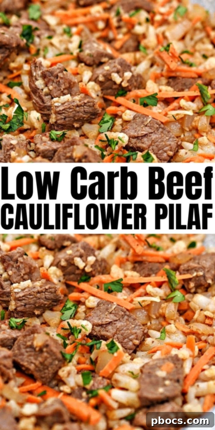 Vertical image of Low-Carb Beef Cauliflower Rice Pilaf for Pinterest